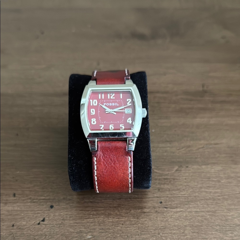 Fossil Red and Silver Watch with Leather Strap